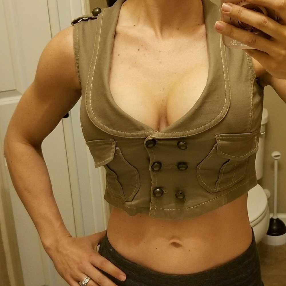 Crop Vest Top Double Breasted Army Green Tan